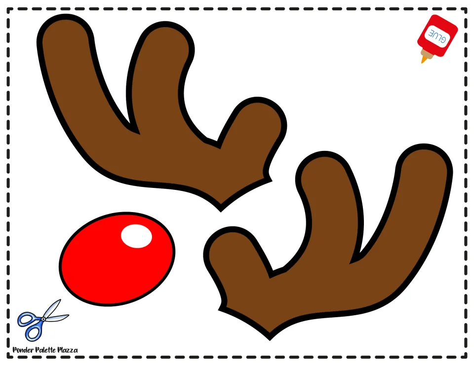 Reindeer antlers and nose cut-out pieces: two brown branched antlers and a shiny red nose for students to cut and glue