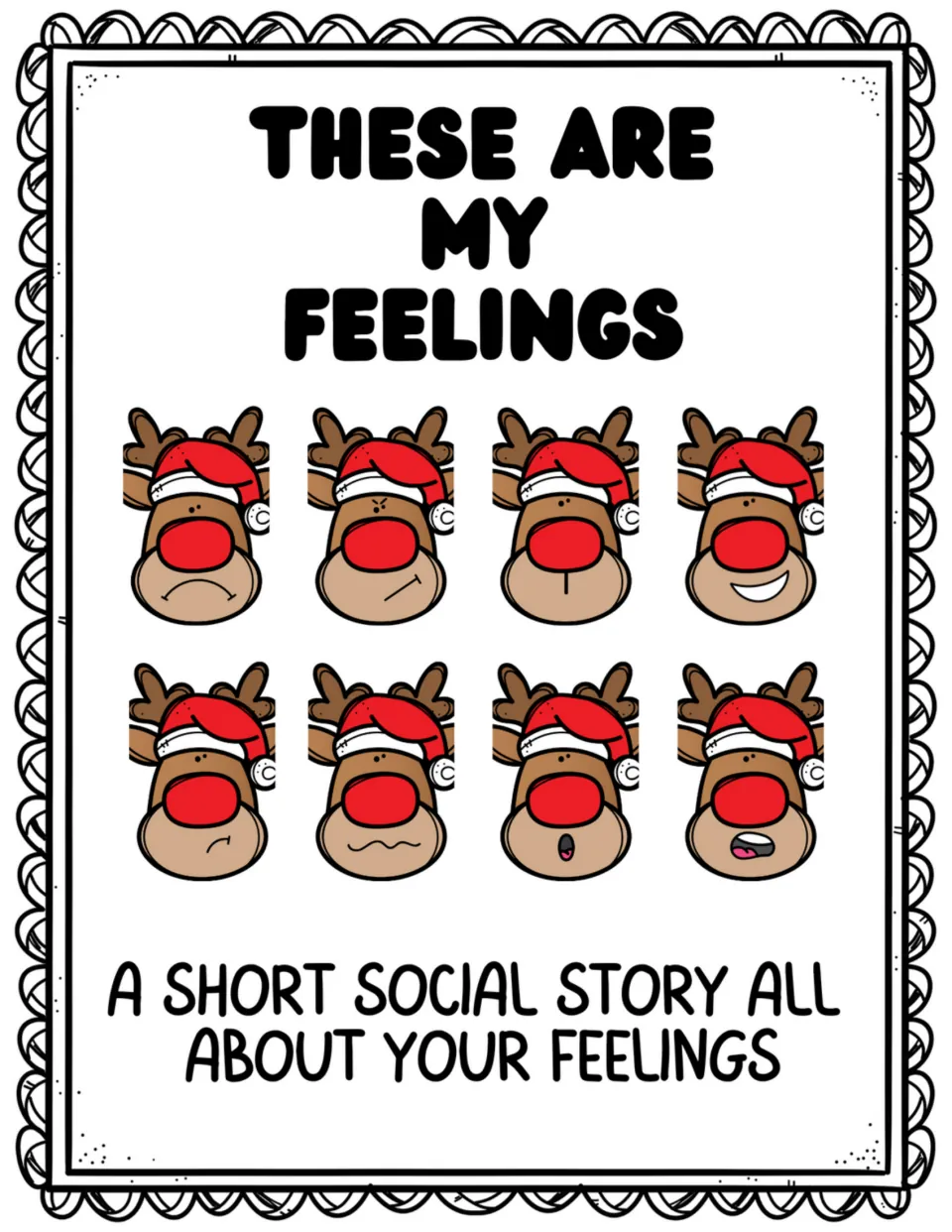 Social story cover: 'These Are My Feelings,' with eight reindeer expressions introducing different emotions
