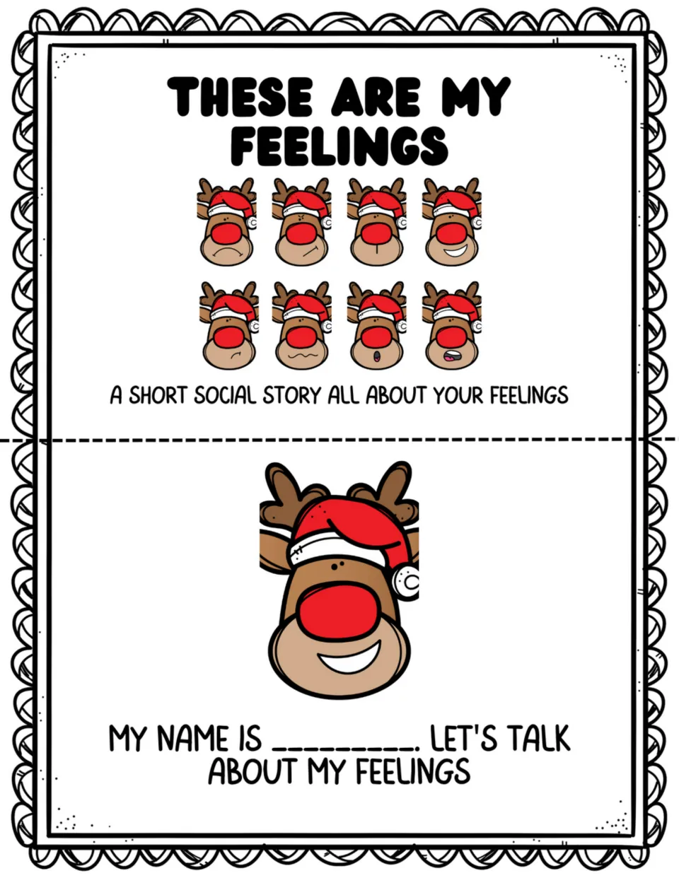 Mini book pages 1–2: feelings story title and 'My name is' introduction inviting readers to talk about feelings