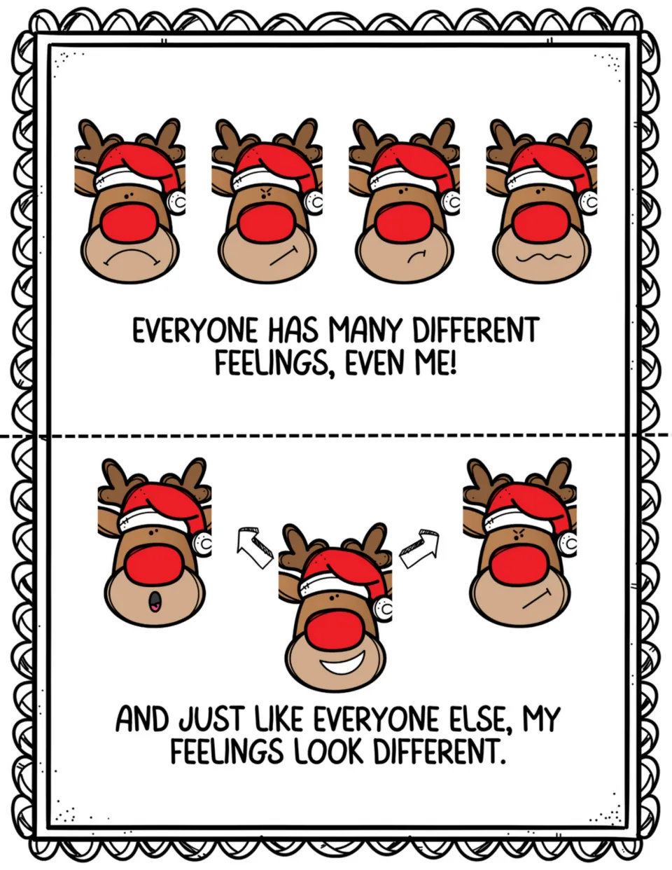 Mini book pages 3–4: everyone has different feelings, illustrated by reindeer showing several expressions