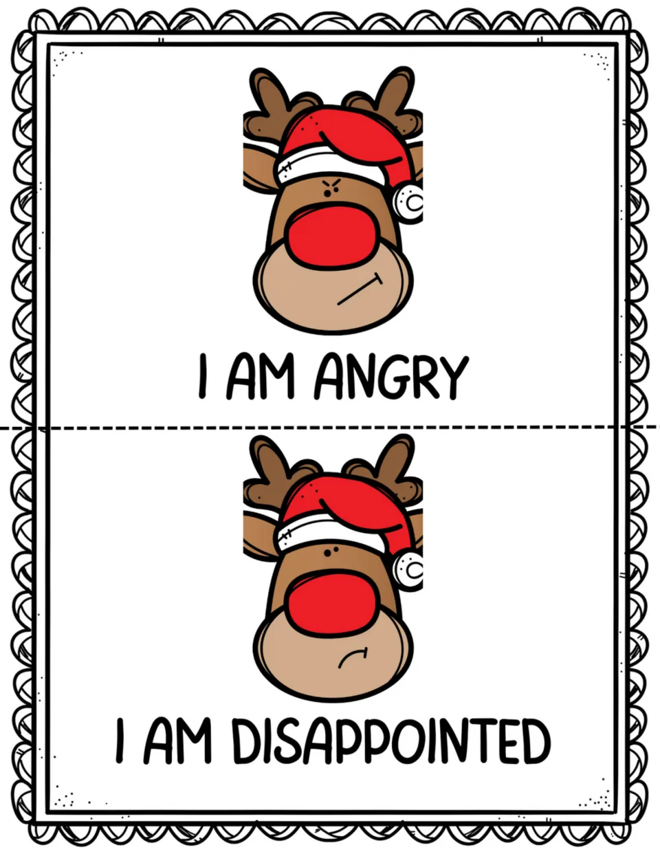 Mini book pages 5–6: 'I am angry' and 'I am disappointed,' each paired with a matching reindeer expression