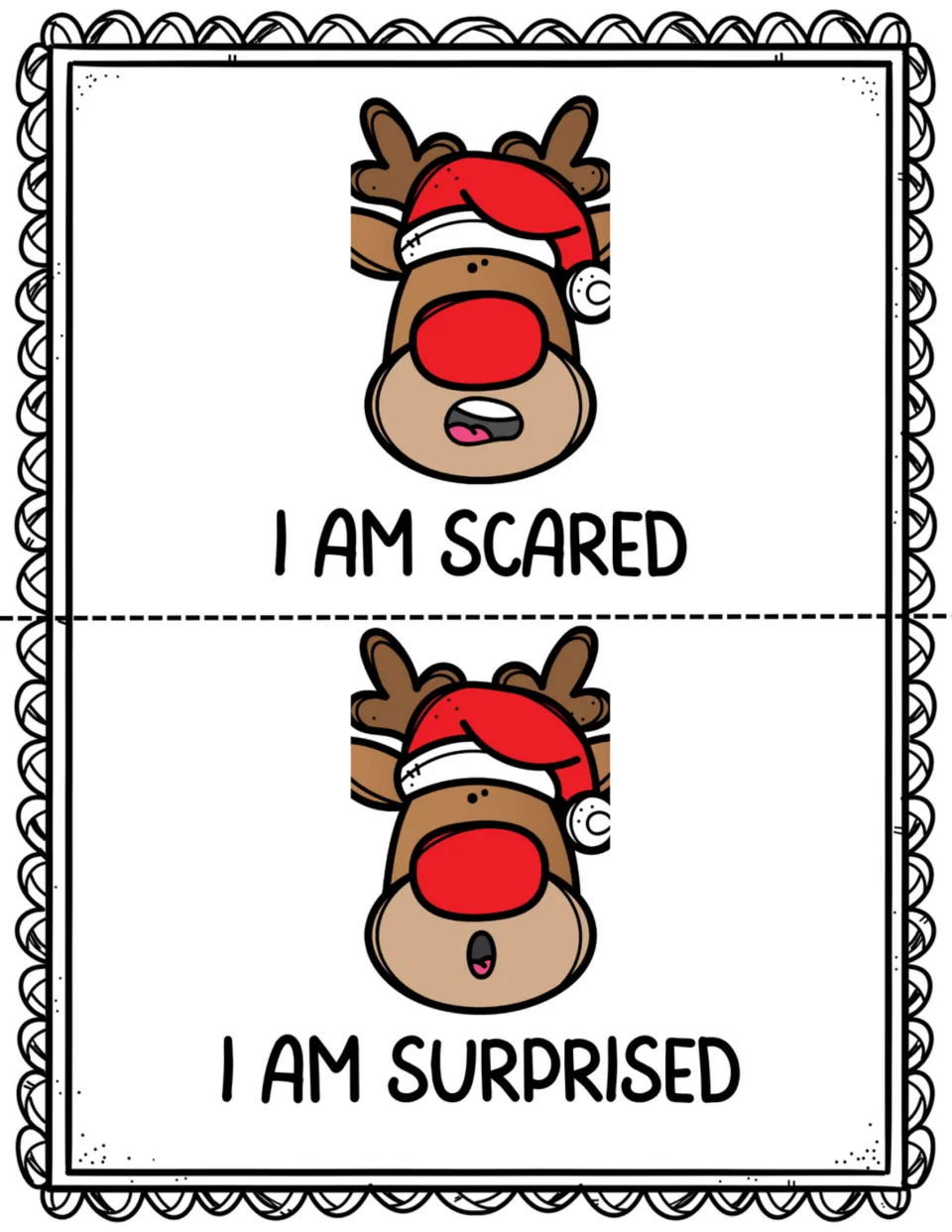 Mini book pages 7–8: 'I am scared' and 'I am surprised,' each paired with a matching reindeer expression