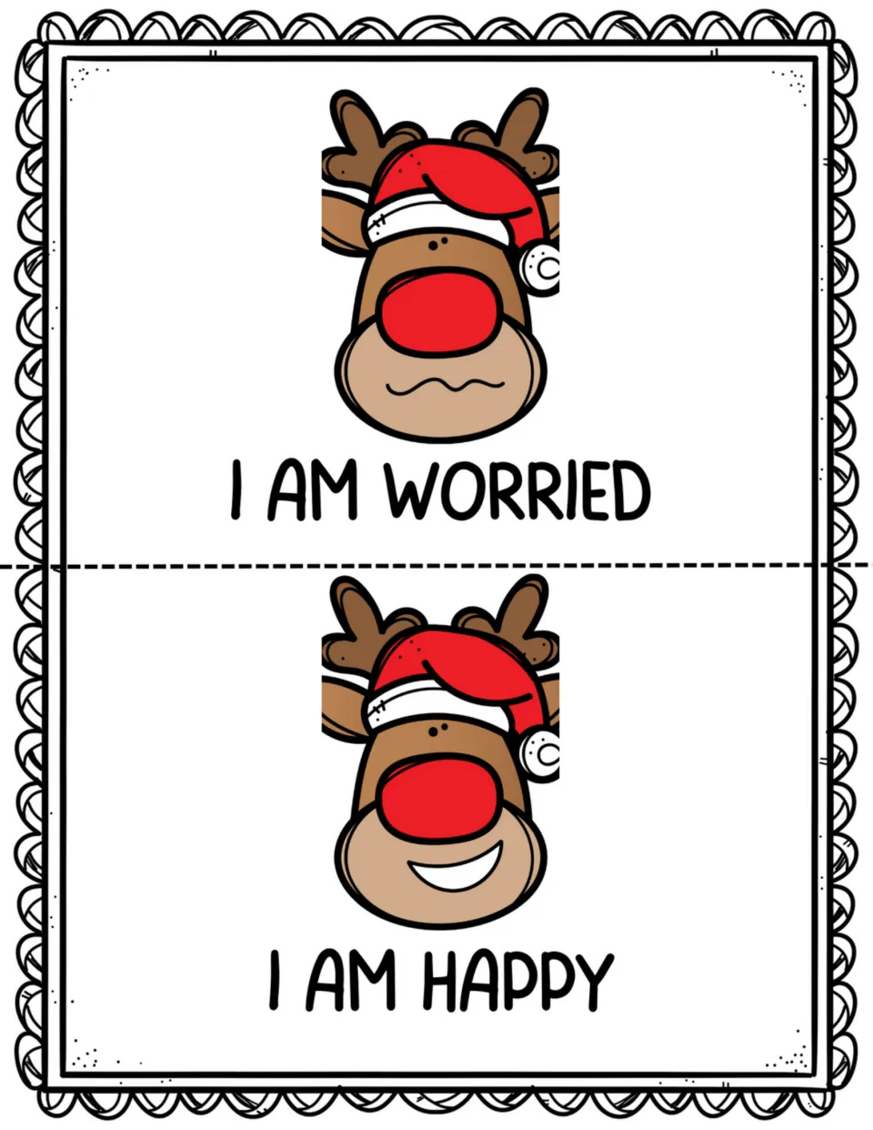 Mini book pages 9–10: 'I am worried' and 'I am happy,' each paired with a matching reindeer expression