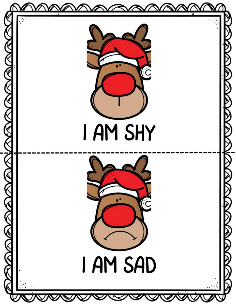 Mini book pages 11–12: 'I am shy' and 'I am sad,' each paired with a reindeer illustrating that feeling