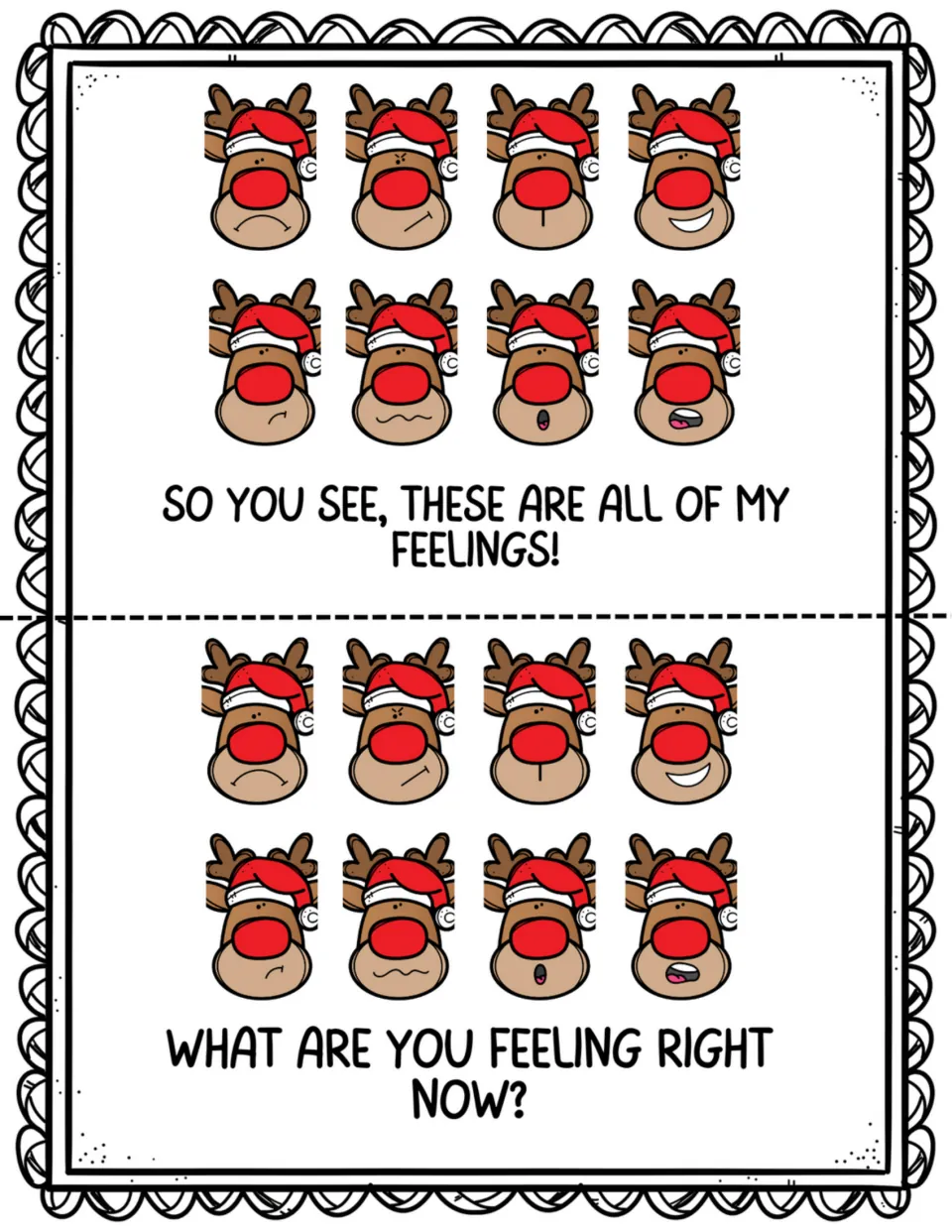 Mini book pages 13–14: eight reindeer emotions reviewed, followed by 'What are you feeling right now?'