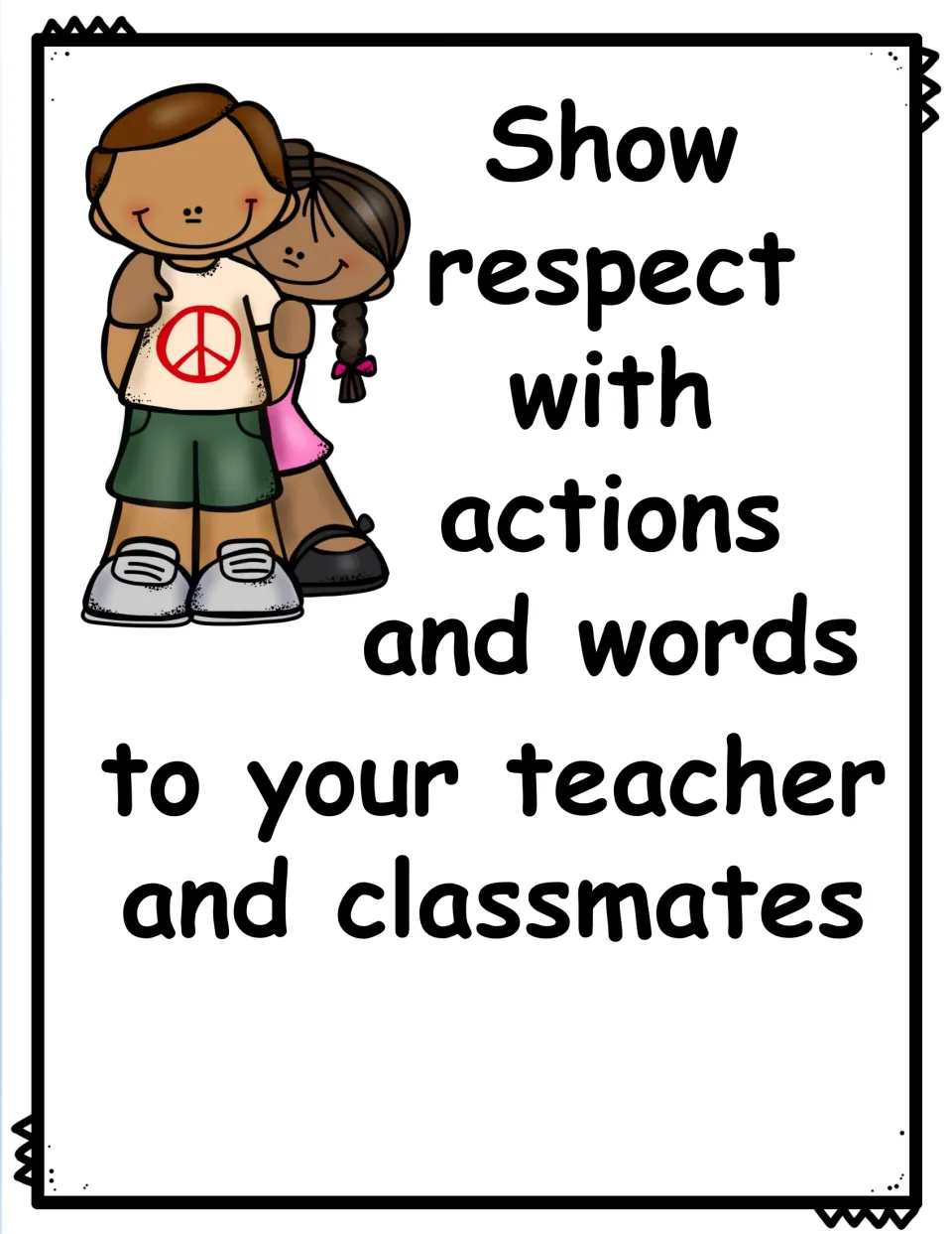 Color rule poster: show respect with actions and words to your teacher and classmates, with a boy and girl hugging