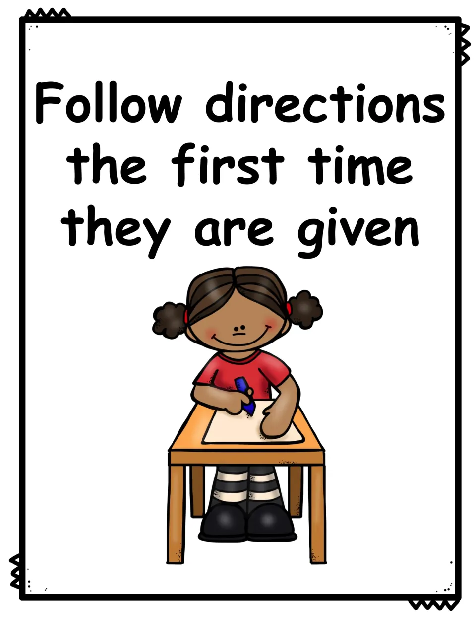 Color rule poster: follow directions the first time they are given, showing a girl in a red shirt writing at a desk
