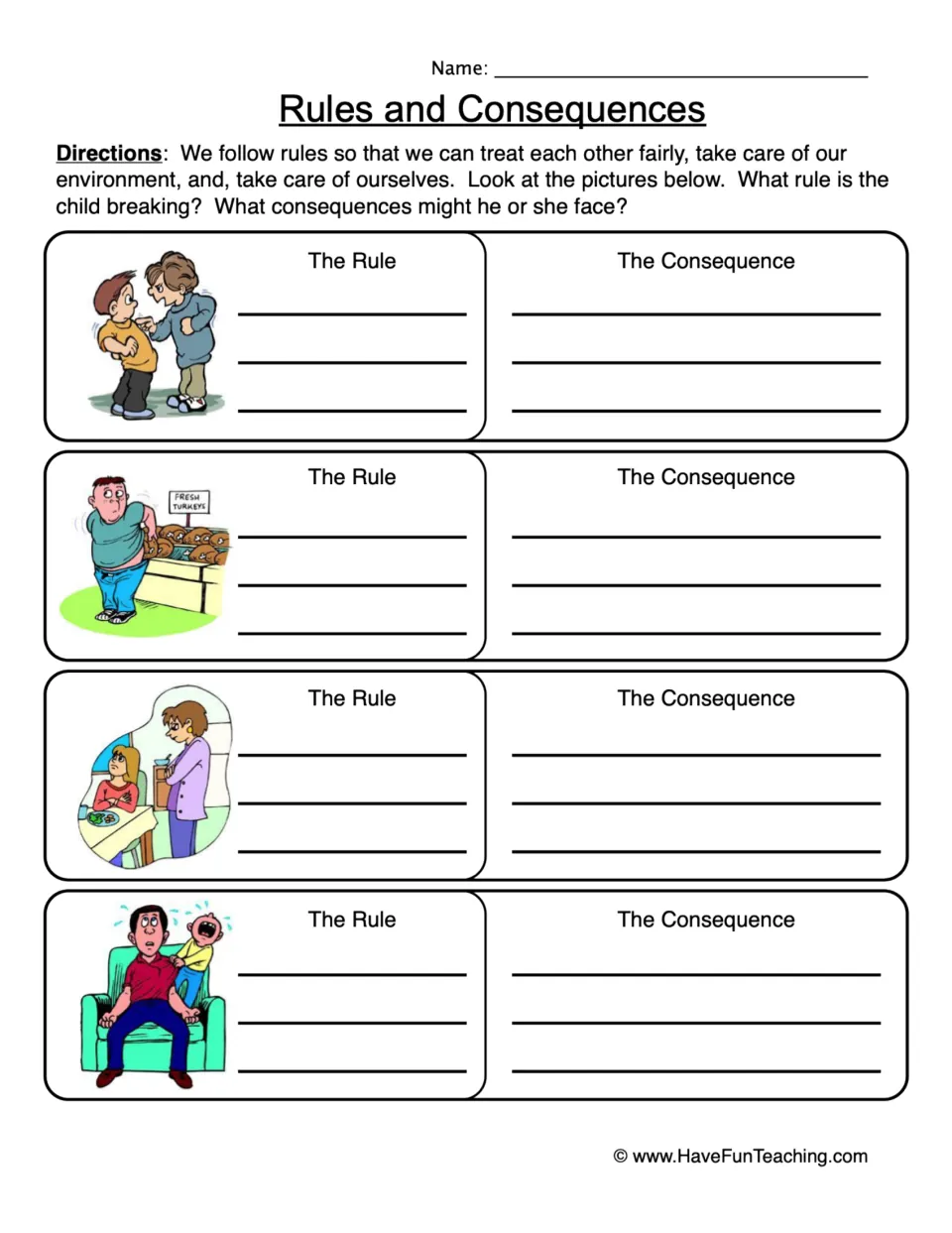 Rules and consequences: students study 4 picture scenes, then write the rule being broken and a consequence for each