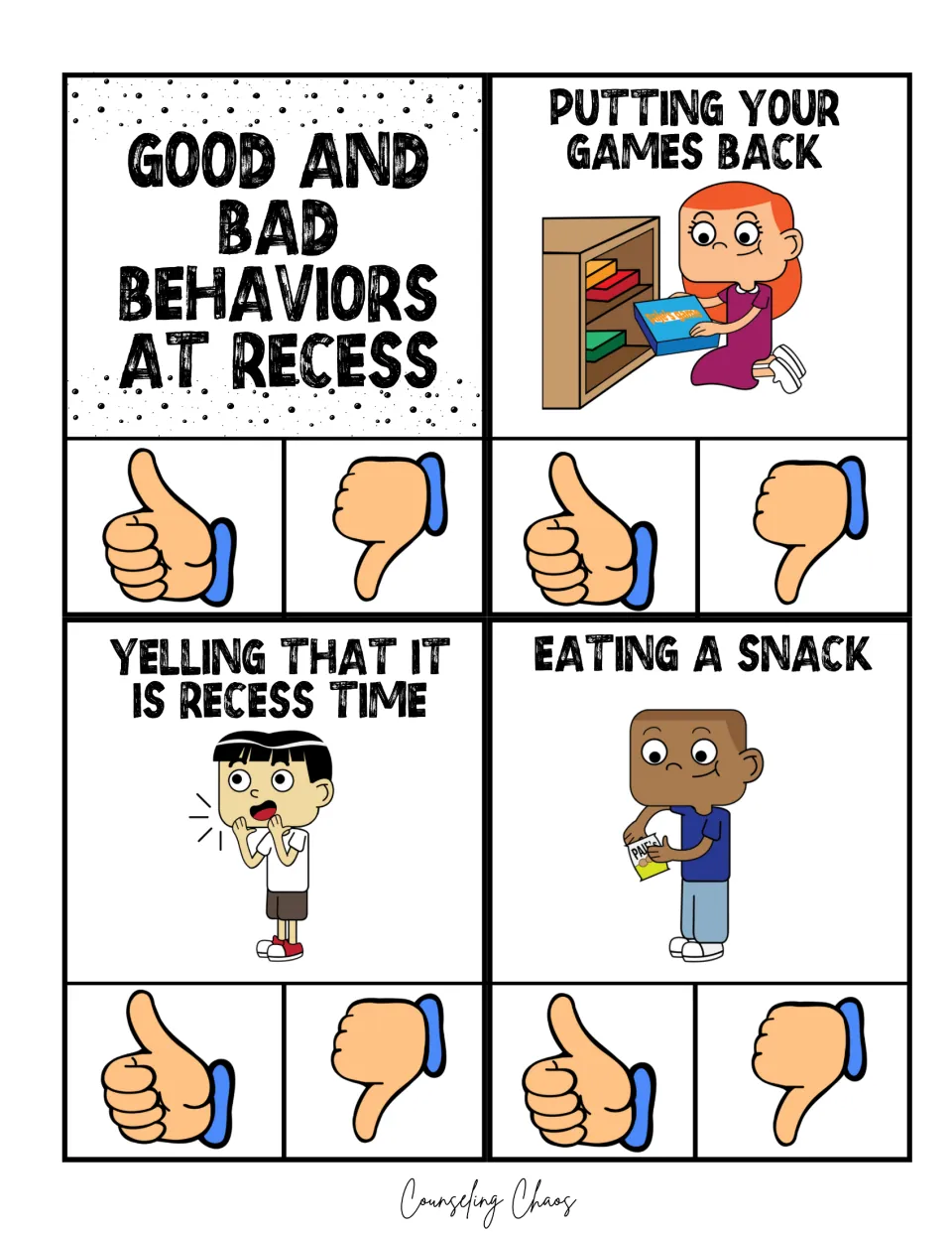 Recess clip cards: set title, putting your games back, yelling that it is recess time, and eating a snack