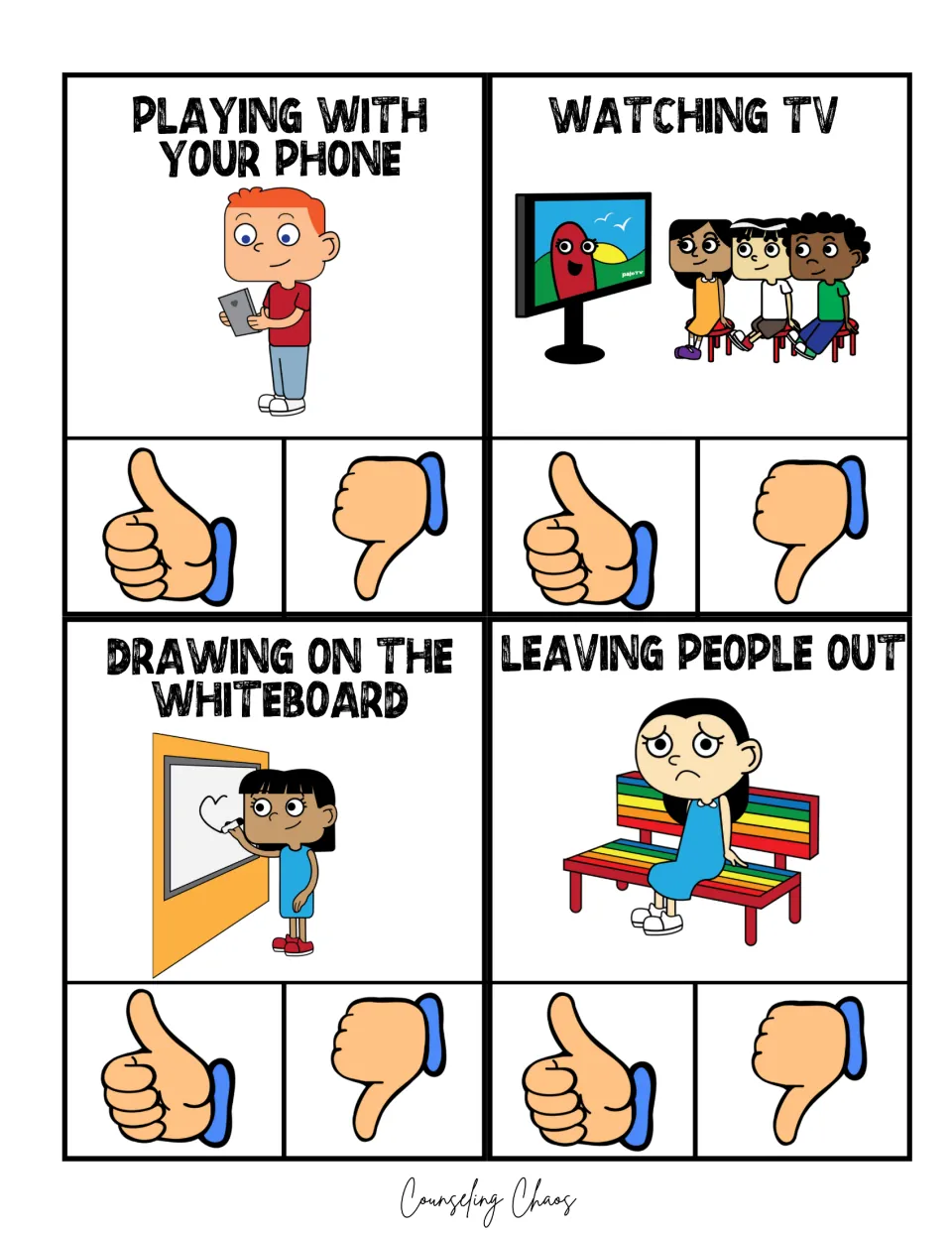Recess clip cards: playing with your phone, watching TV, drawing on the whiteboard, and leaving people out