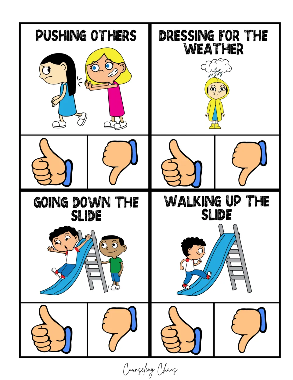 Recess clip cards: pushing others, dressing for the weather, going down the slide, and walking up the slide