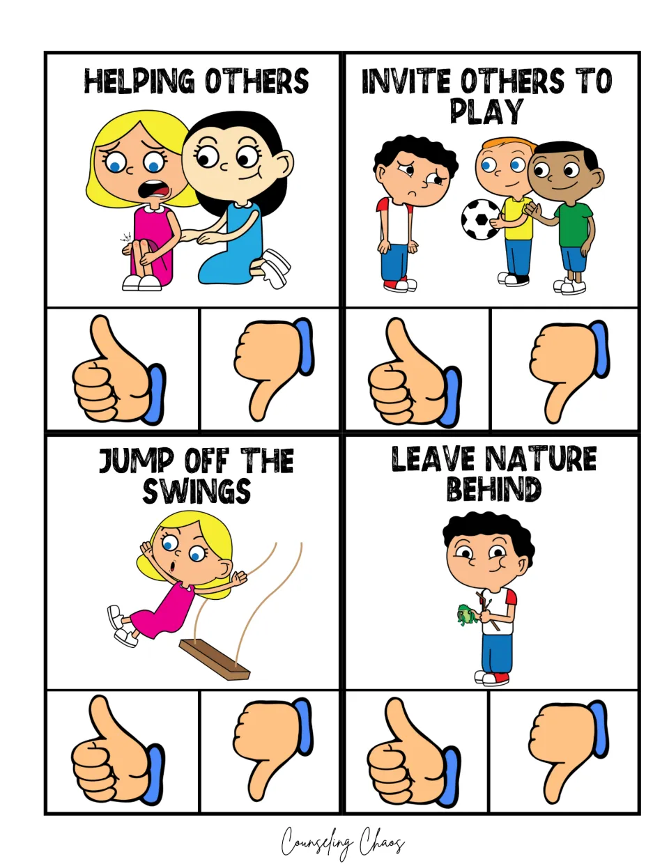 Recess clip cards: helping others, invite others to play, jump off the swings, and leave nature behind