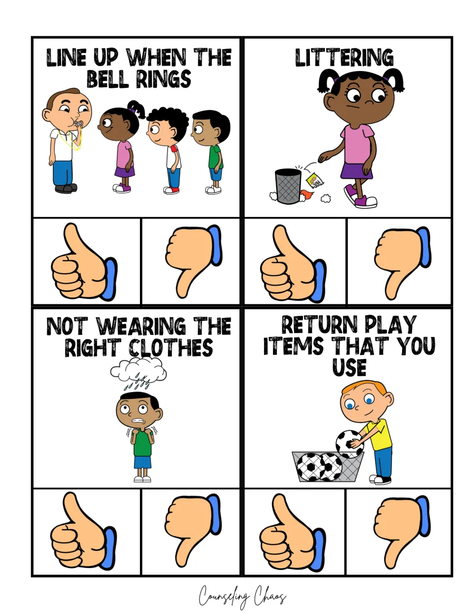 Recess clip cards: lining up when the bell rings, littering, unsuitable clothes, and returning play items