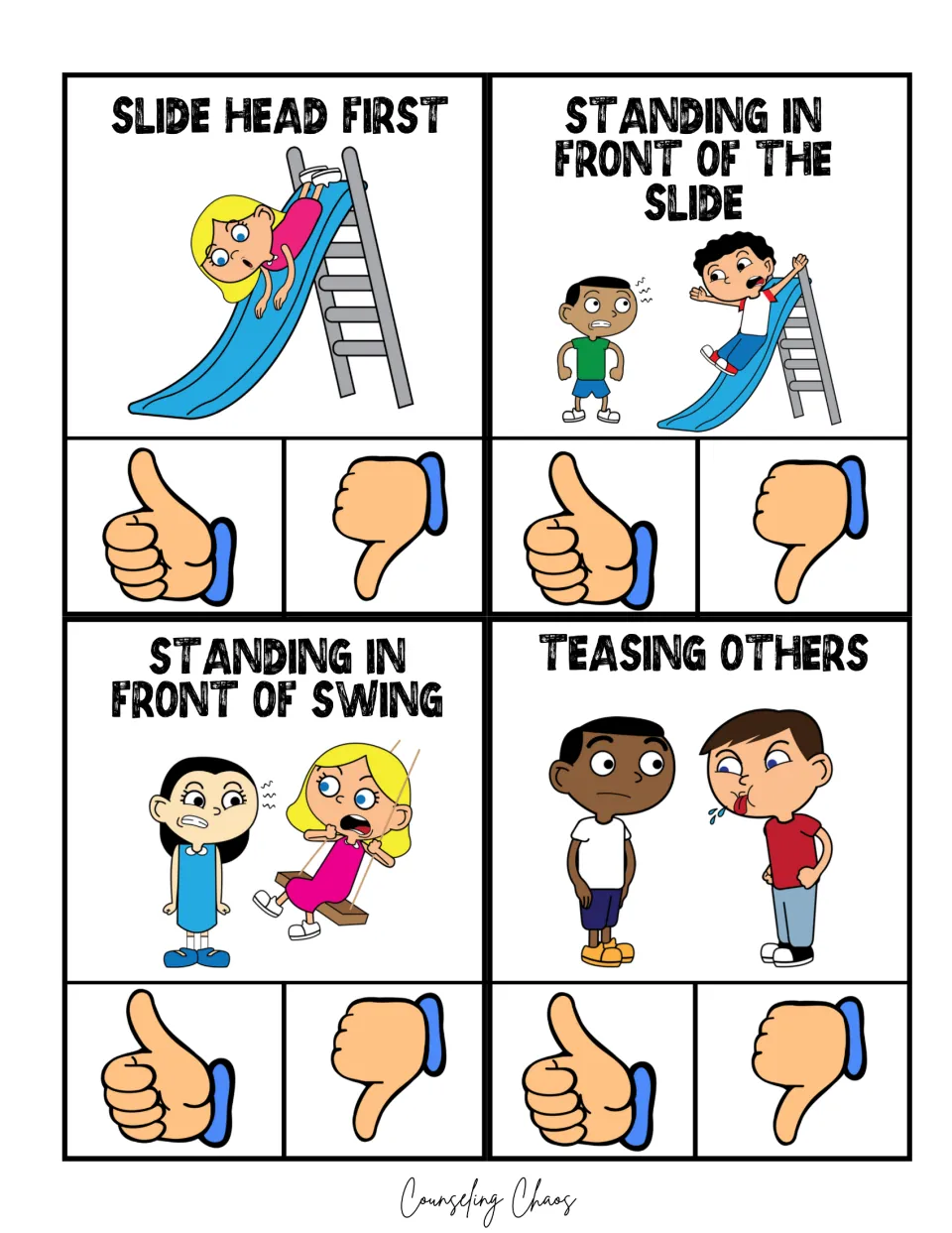 Recess clip cards: sliding headfirst, standing in front of the slide or swing, and teasing others