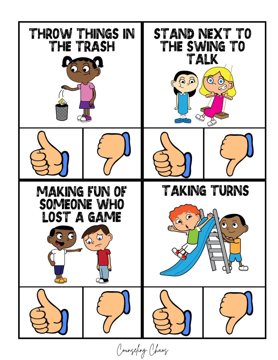 Recess clip cards: using the trash, talking beside a swing, making fun of someone who lost, and taking turns