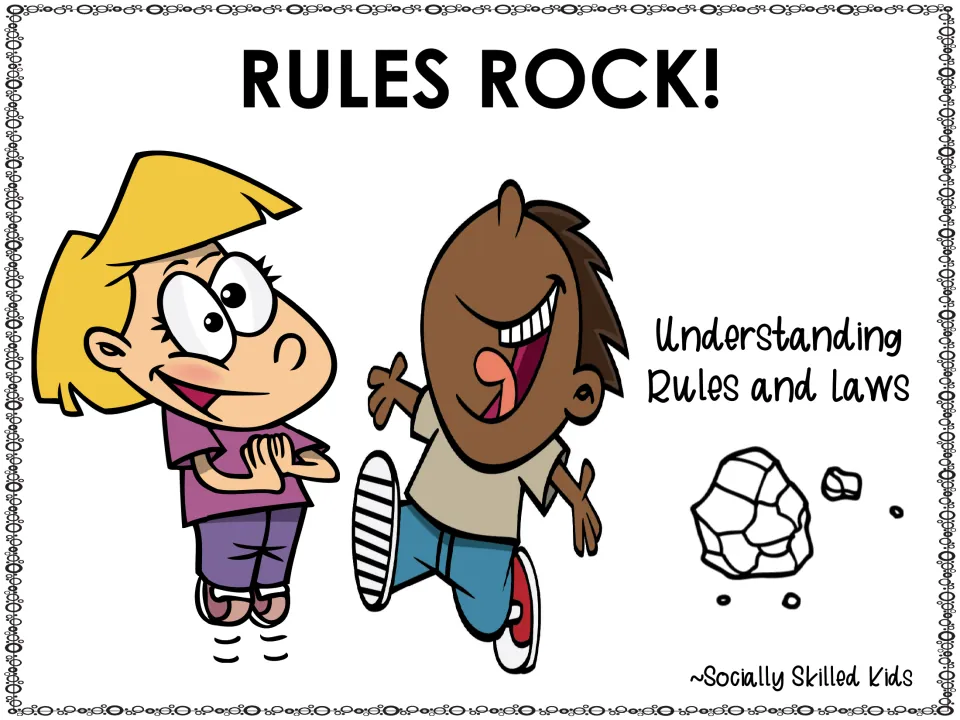 Rules Rock! cover for a story on understanding rules and laws, showing a smiling girl and a boy kicking a rock
