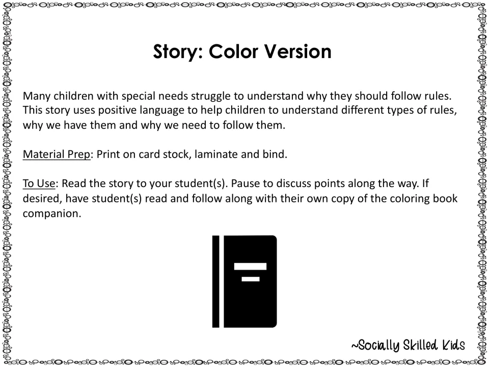 Teacher directions for the color story: print on card stock, laminate and bind, then read aloud and pause to discuss