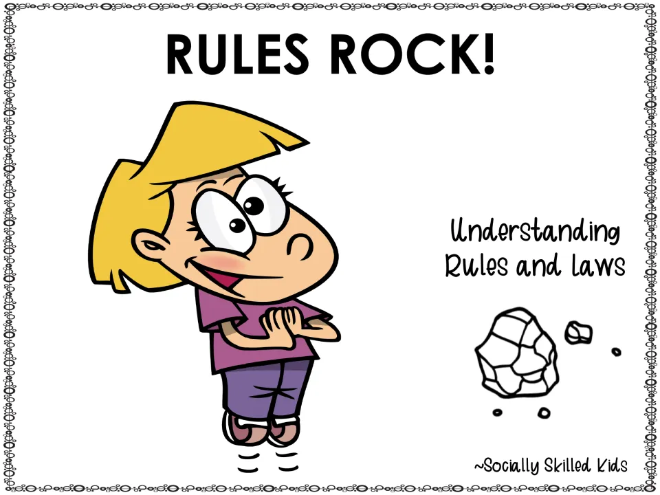 Alternate story cover titled Understanding Rules and Laws with a cartoon girl hugging herself beside a drawn rock