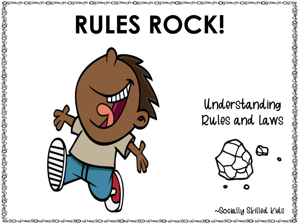 Alternate story cover on understanding rules and laws with a grinning cartoon boy kicking toward a drawn rock