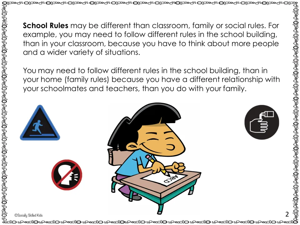 Story page on school rules, explaining how they differ from classroom and family rules, with no-running and quiet signs