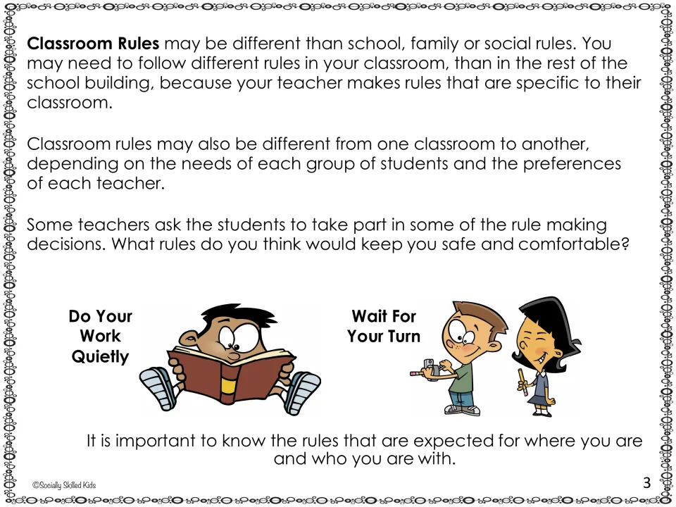 Story page on classroom rules set by each teacher, with examples Do Your Work Quietly and Wait For Your Turn