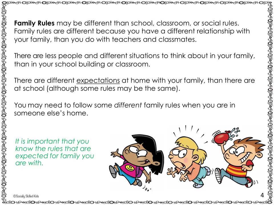 Story page on family rules: home expectations differ from school, and rules can change in someone else's home