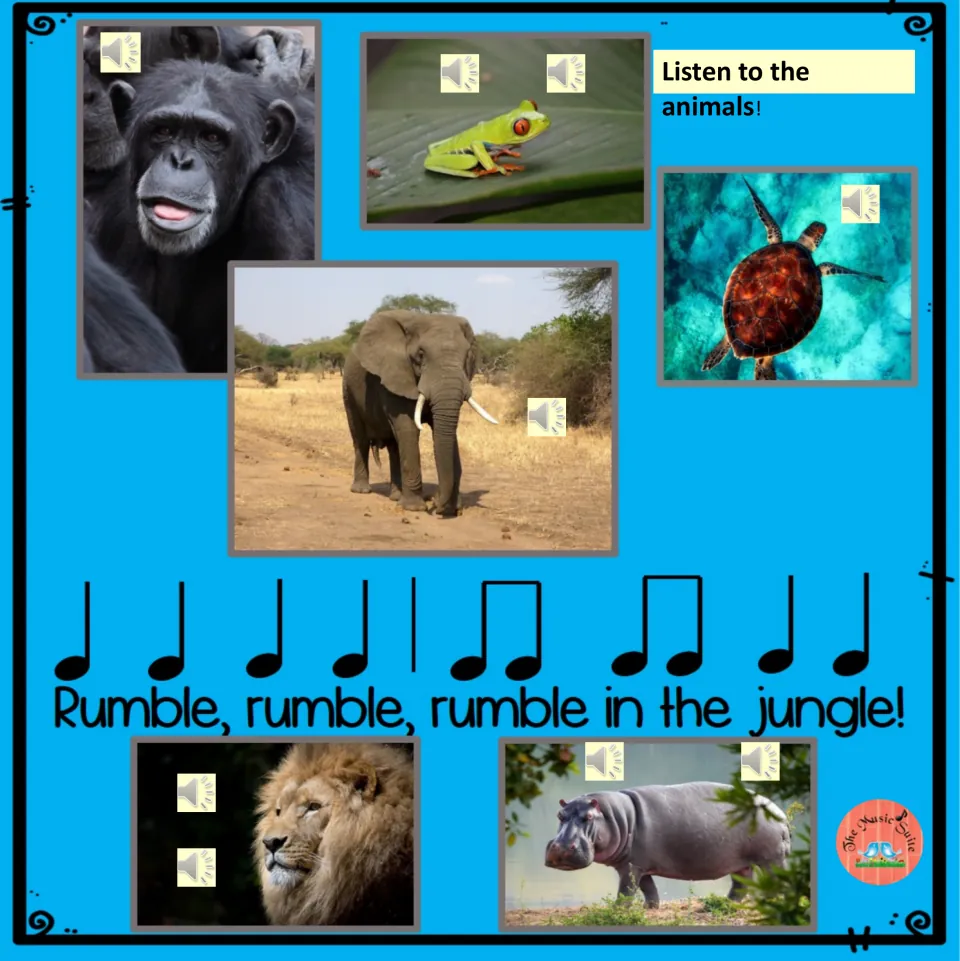 Animal-sound listening slide: chimpanzee, frog, turtle, elephant, lion, and hippo above and below the rhythm