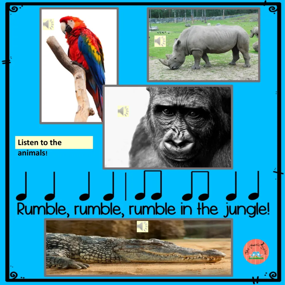 Animal-sound listening slide: parrot, rhinoceros, gorilla, and crocodile accompany the notated rhythm