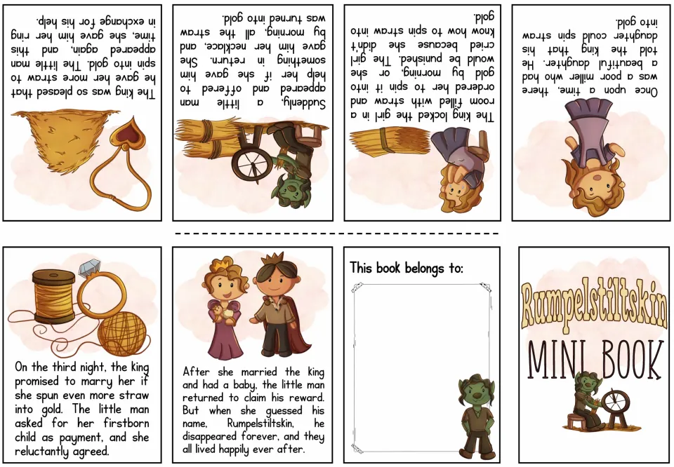 Color mini book sheet tells the tale from the miller's boast to the queen guessing the little man's name