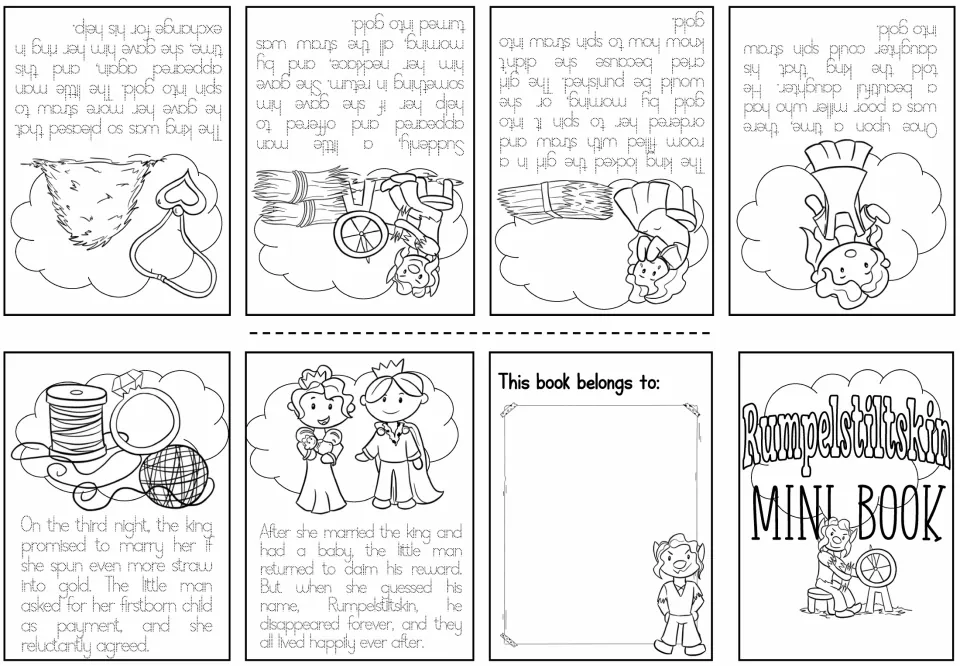 Black-and-white mini book sheet pairs traceable story text with six scenes of straw, gold, and the queen