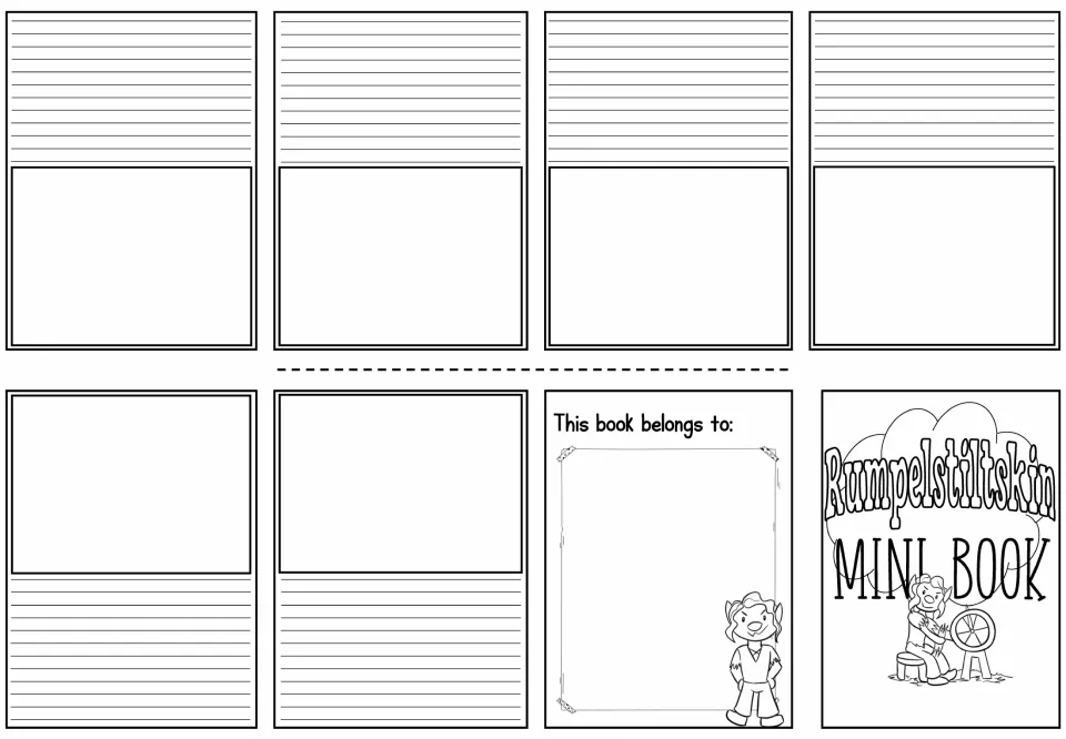 Blank mini book sheet provides six story pages for writing and drawing, plus a cover and ownership page