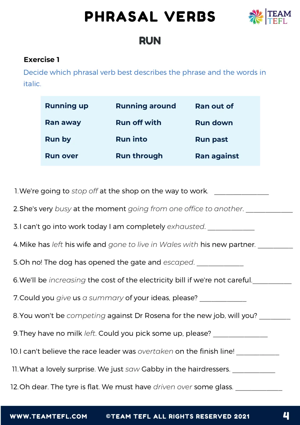 Exercise 1, matching meaning to phrasal verb: students choose from 12 run verbs to replace the italic words in 12 sentences
