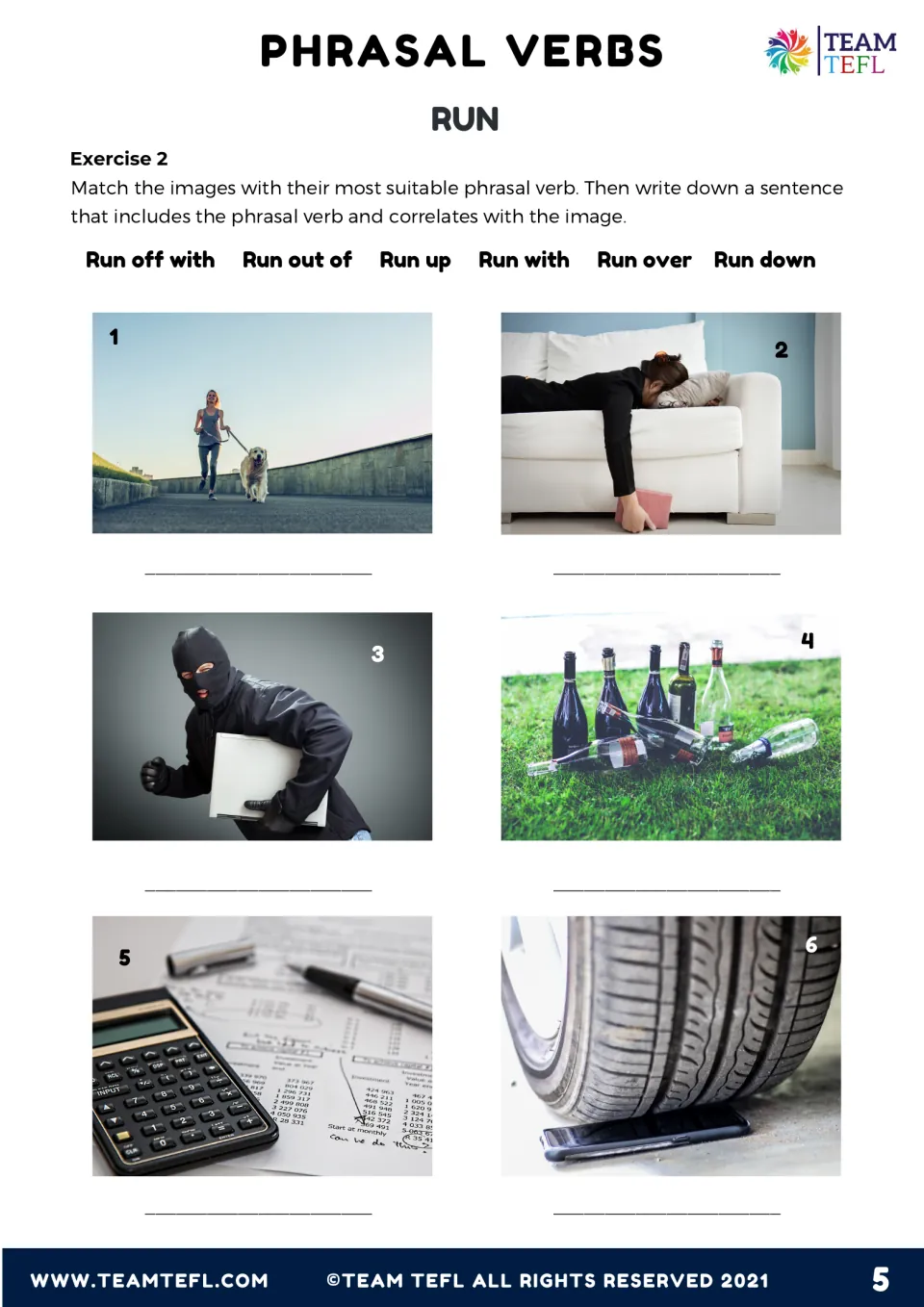Exercise 2, picture matching: students pair six photos, like a tire on a phone, with run verbs and write a sentence