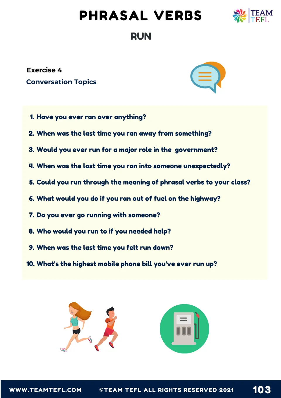 Exercise 4, conversation topics: ten discussion questions using run phrasal verbs, such as running out of fuel