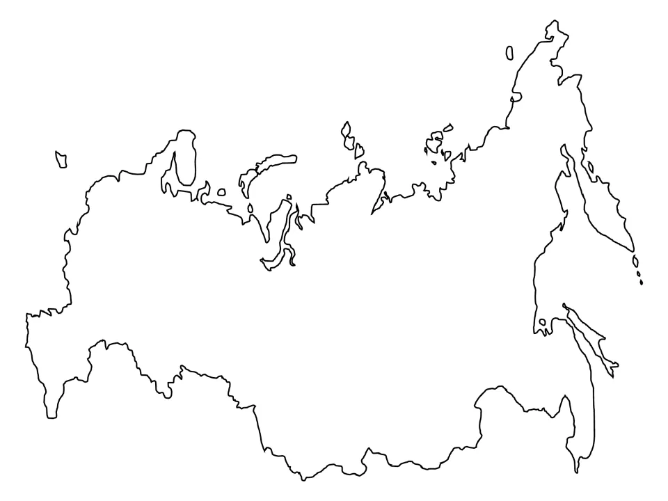 Blank outline map of Russia's coastline and borders for map labeling; students add cities, rivers and other features