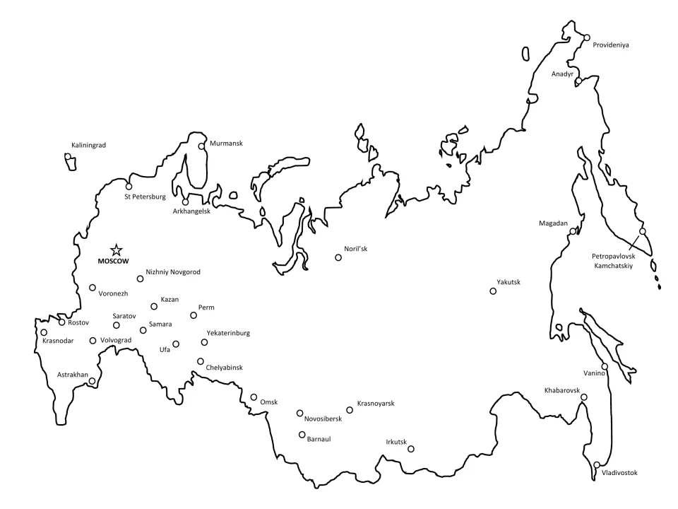 Reference map of Russian cities with Moscow starred and St Petersburg, Kazan, Omsk, Yakutsk and Vladivostok labeled