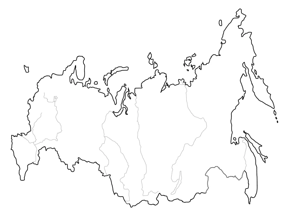 Russia outline map tracing major rivers in gray with no labels, for identifying and naming the country's river systems