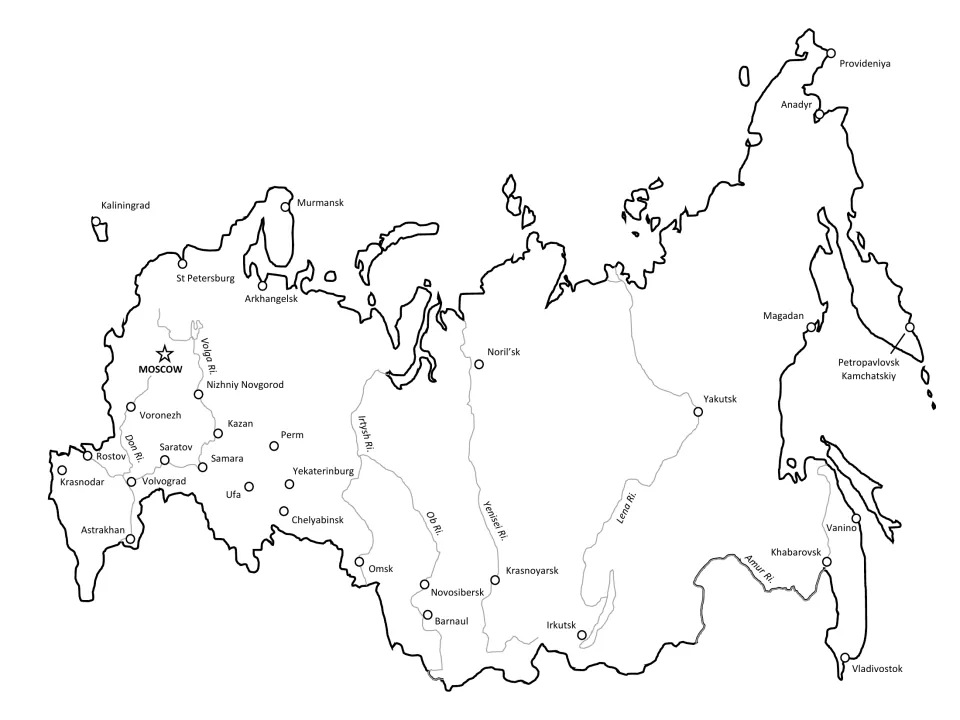 Russian rivers and cities map labeling the Volga, Don, Ob, Irtysh, Yenisei, Lena and Amur alongside the major cities