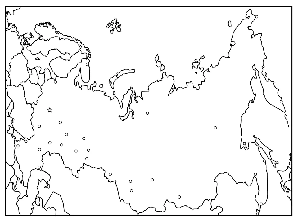 Regional blank map of Russia and its neighbors with city dots and a star for Moscow; students label cities and countries