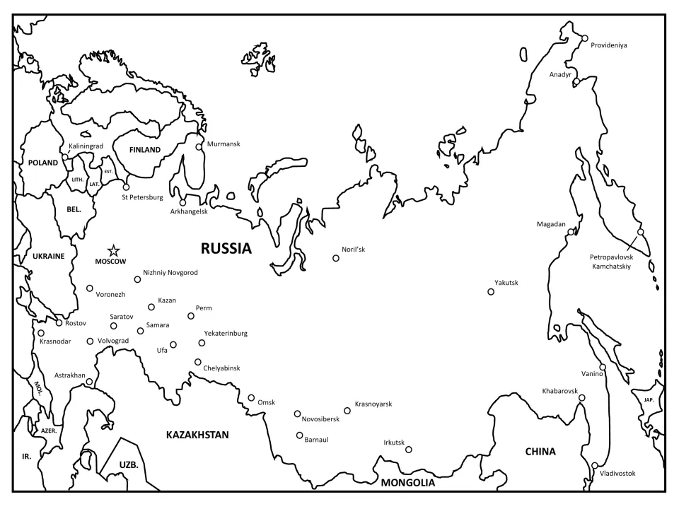 Labeled regional map of Russian cities and neighbors, including Finland, Ukraine, Kazakhstan, Mongolia, China and Japan