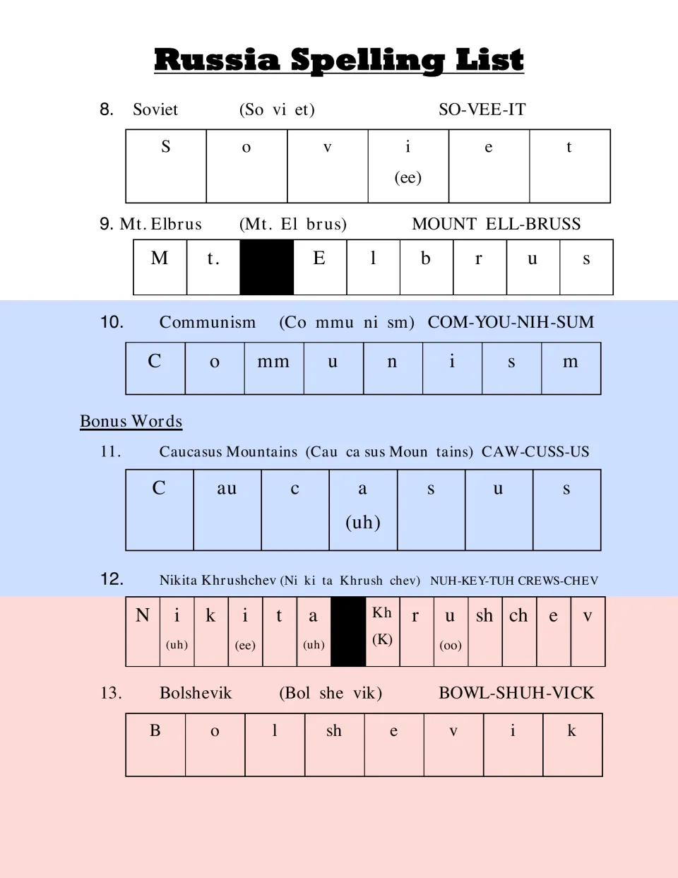Spelling words 8-13, Soviet to Bolshevik, plus bonus Khrushchev and Caucasus Mountains, split into syllables and sounds