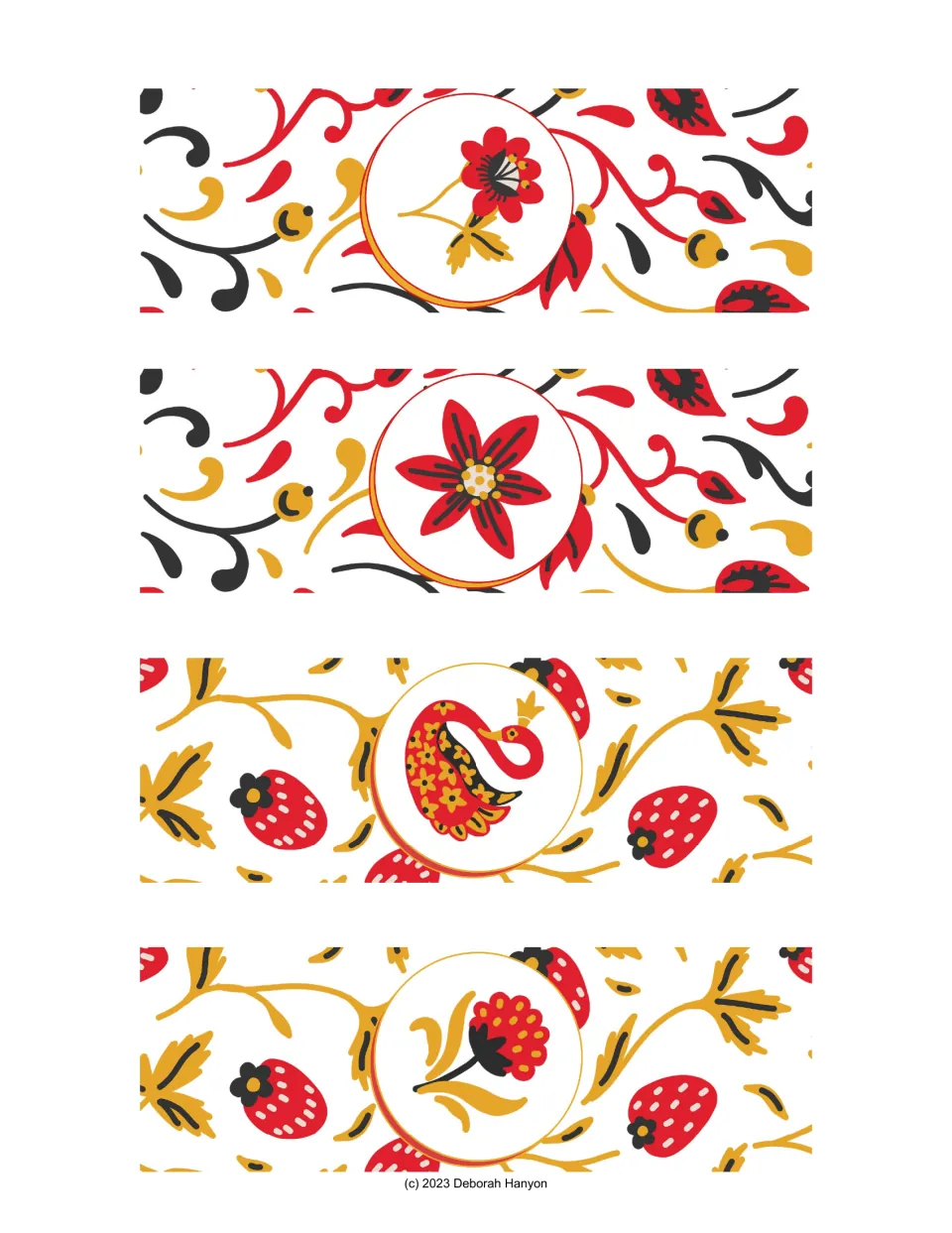 Russian-style bookmarks 1–4 of 12: two red flowers, a decorative bird, and a red-and-gold flower