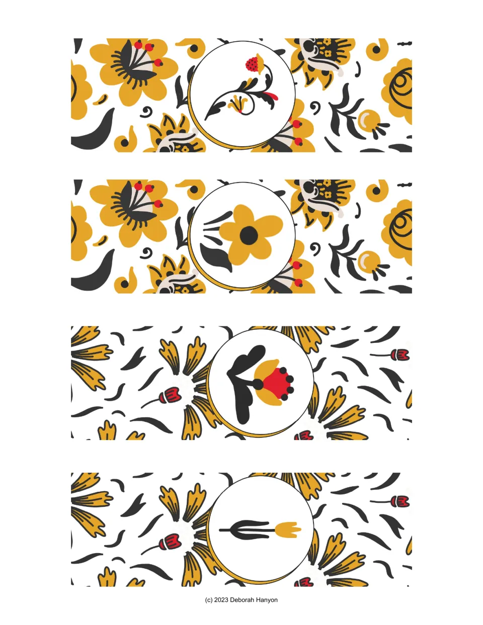 Russian-style bookmarks 5–8 of 12: a flowering sprig, a gold flower, a red-and-gold bloom, and a gold tulip