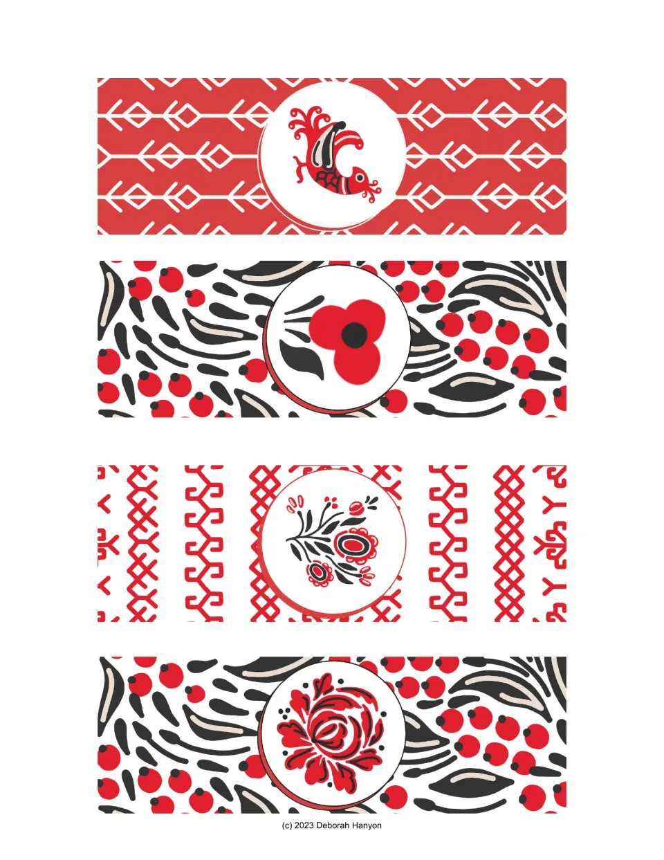 Russian-style bookmarks 9–12 of 12: a decorative bird, a simple red flower, a floral sprig, and a red rose