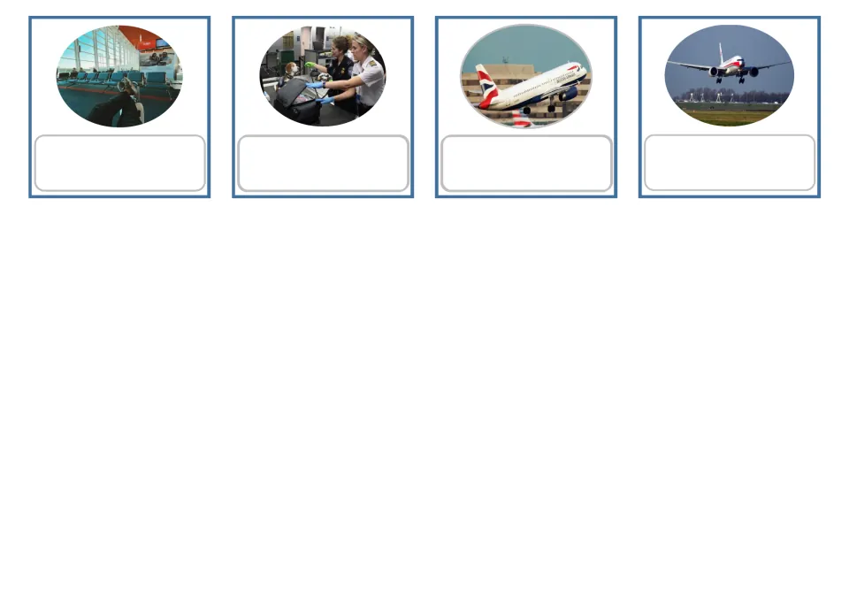 Russian airport picture cards 13–16 with blank labels: delay, customs, takeoff and a plane landing