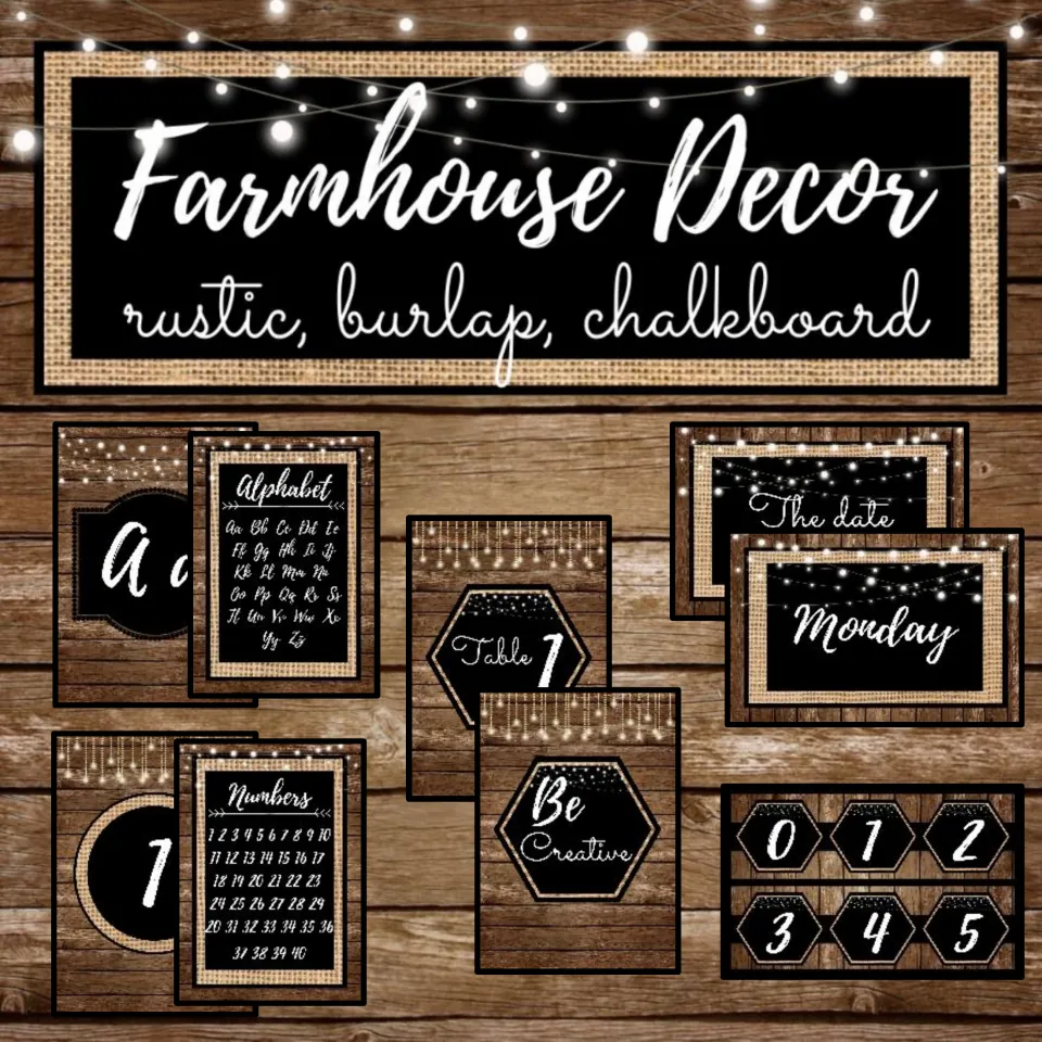 Farmhouse Decor cover: rustic, burlap, chalkboard set showing alphabet, number, table, calendar and hexagon poster samples