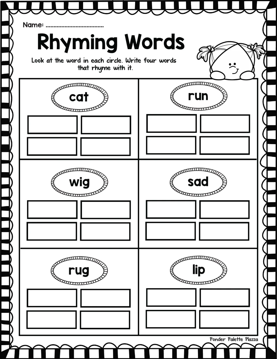 Rhyming Words: students write four words that rhyme with each of six CVC words: cat, run, wig, sad, rug and lip