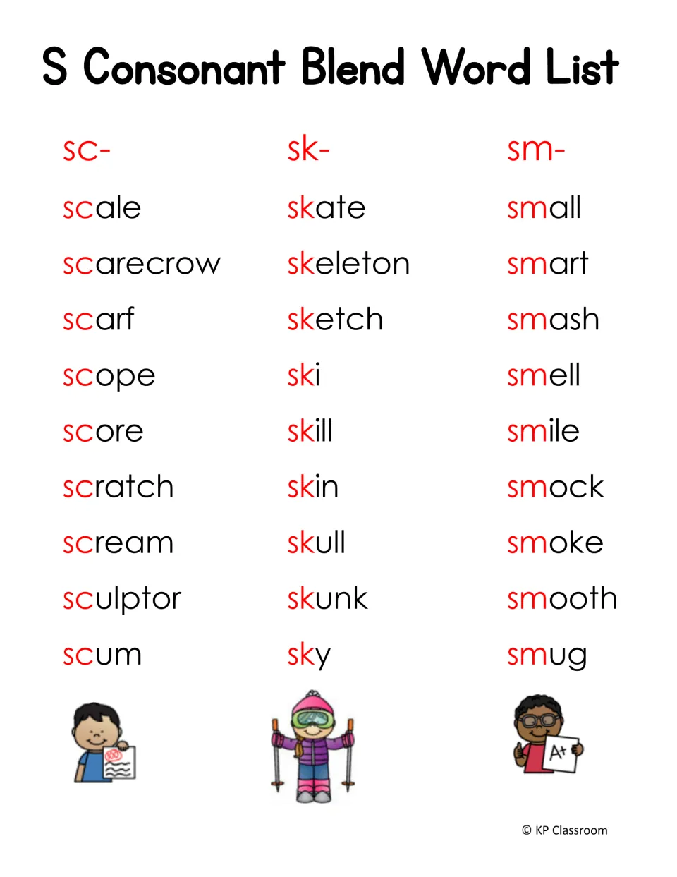 S consonant blend word list for sc-, sk- and sm-: nine words each, such as scarecrow, skeleton and smooth, blends in red