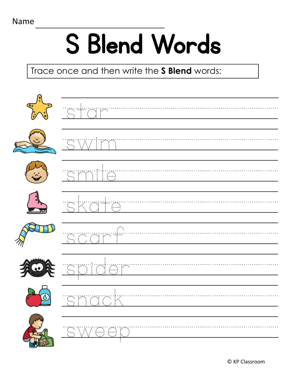 S Blend Words handwriting: students trace, then write star, swim, smile, skate, scarf, spider, snack and sweep