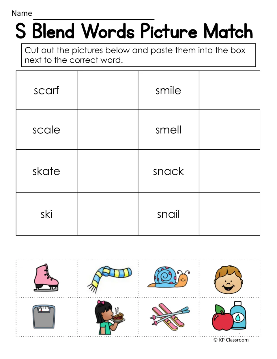 S blend picture match: students cut out pictures and paste each by scarf, scale, skate, ski, smile, smell, snack or snail